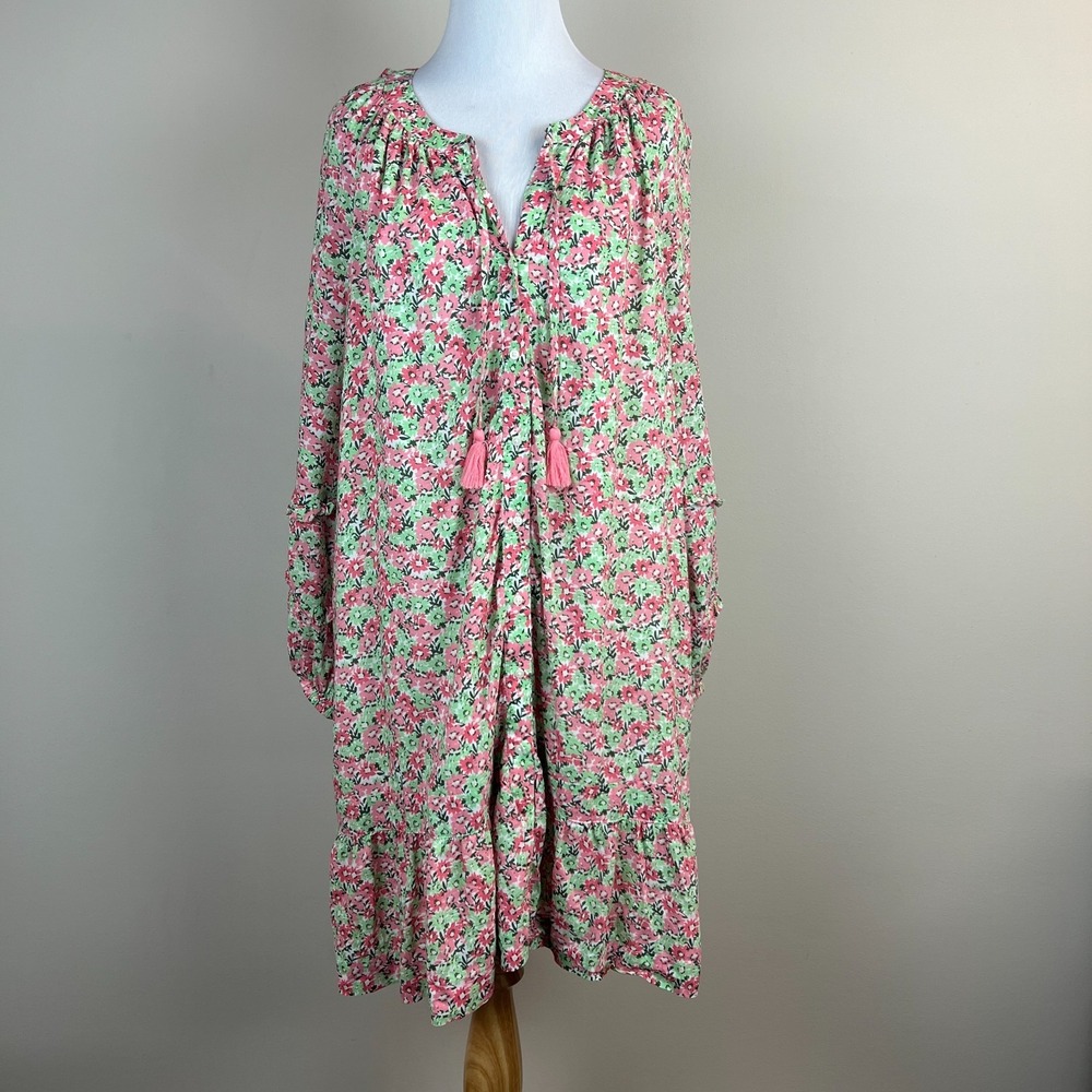 Vineyard Vines Dress Womens XL Pink Floral Ruffle Tunic Shift Feminine Button Up